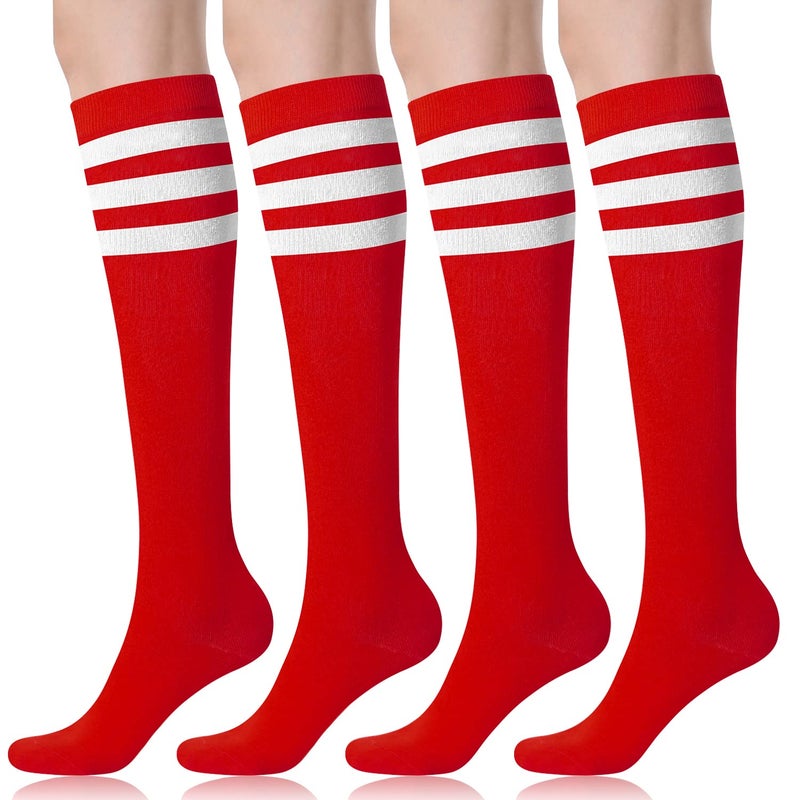 FITRELL 4 Pack Women's Knee High Socks Cotton Tube Stripe Socks, Red, For Halloween Christmas Baseball Softball Soccer - Image 1